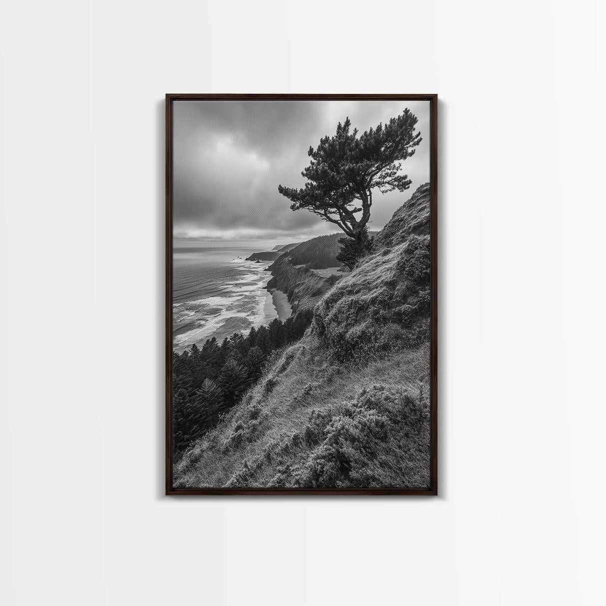 Lone Tree, Ocean Bluff, Windy Coastline, Canvas Print, Coastal Landscape Wall Art, Moody Nature Decor, Minimalist Vibe, Coastal Wall Art