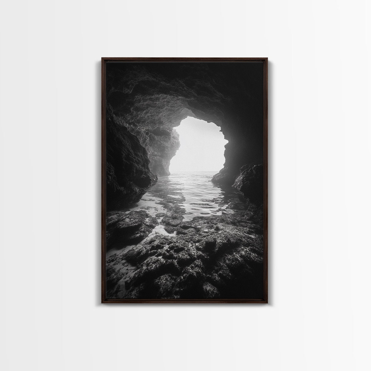 Sea Cave Entrance, Ocean Grotto, Light Escape, Rocky Tide, Canvas Print, Bathroom Wall Art, Black and White Seascape Photo