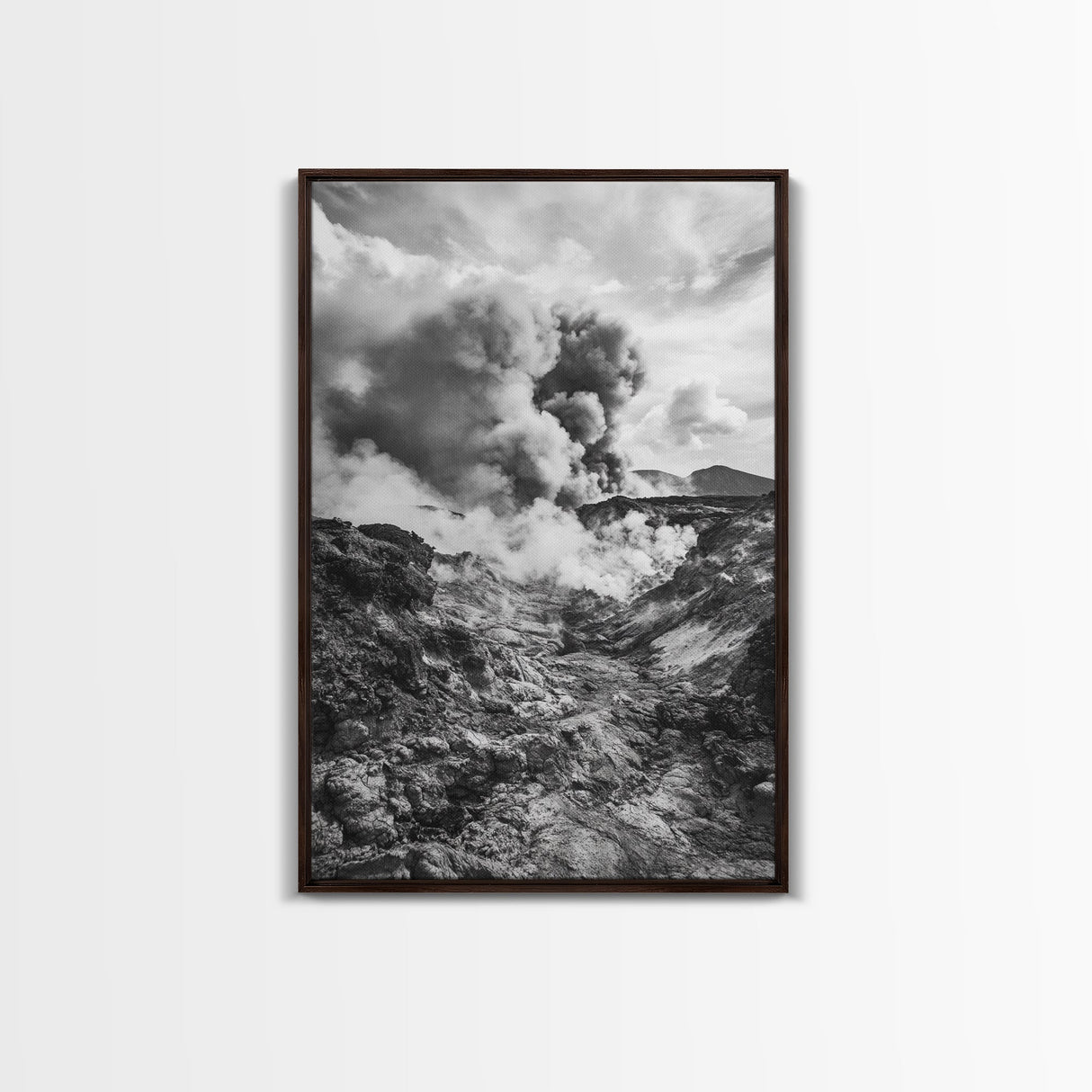 Volcanic Eruption Smoke, Lava Rocks, Earth Energy, Fiery Terrain, Framed Canvas Print, Office Wall Art, Dramatic Nature Landscape