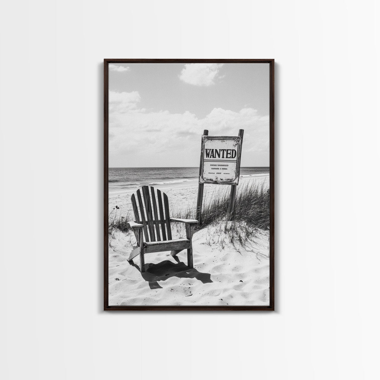Wanted Poster, Beach Chair, Western Humor, Framed Canvas Print, Man Cave Decor, Coastal Country Style, Black and White Photography