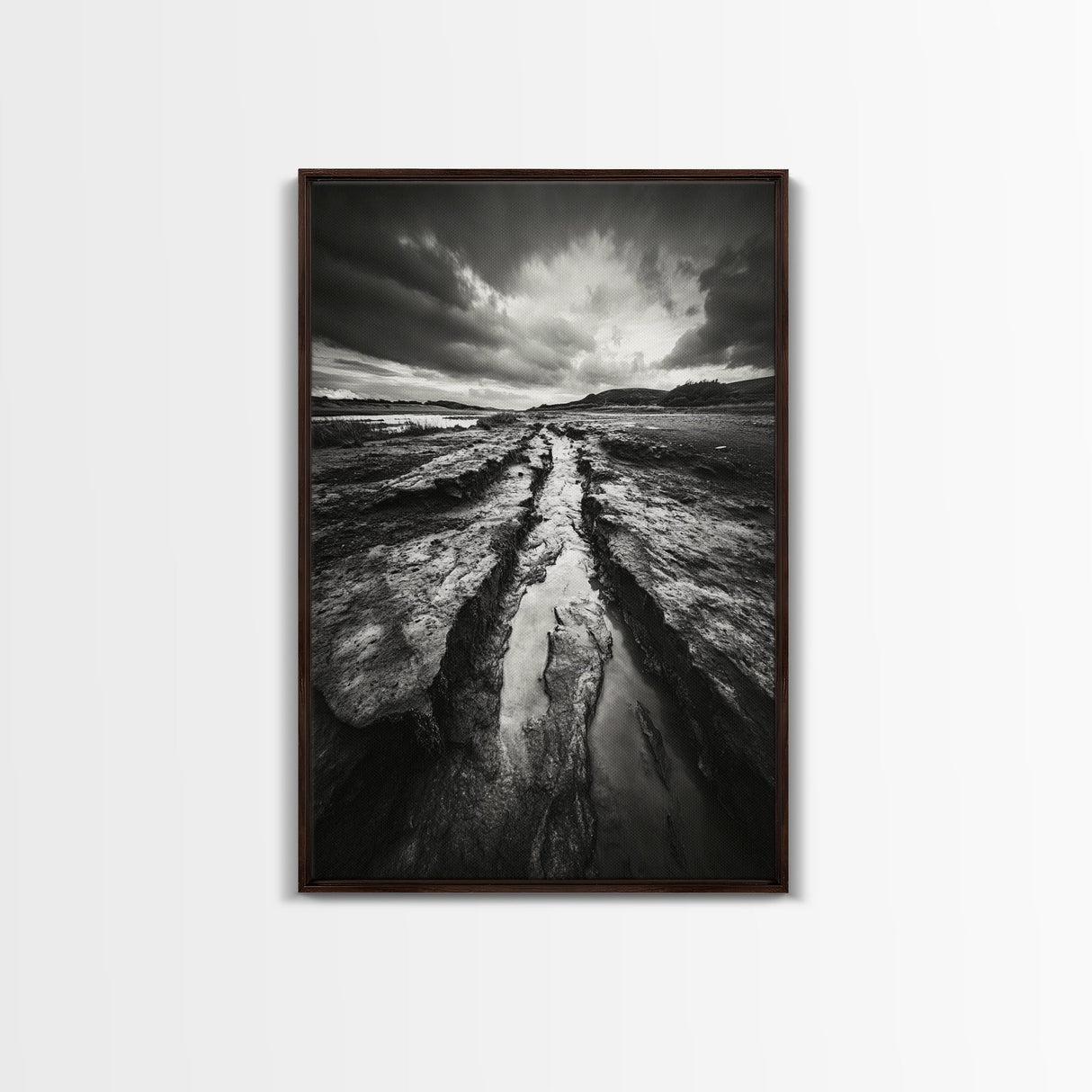 Muddy Terrain, Dramatic Sky, Natural Earth Art, Framed Canvas Print, Fall Decor, Landscape Photography, Moody Living Room Art