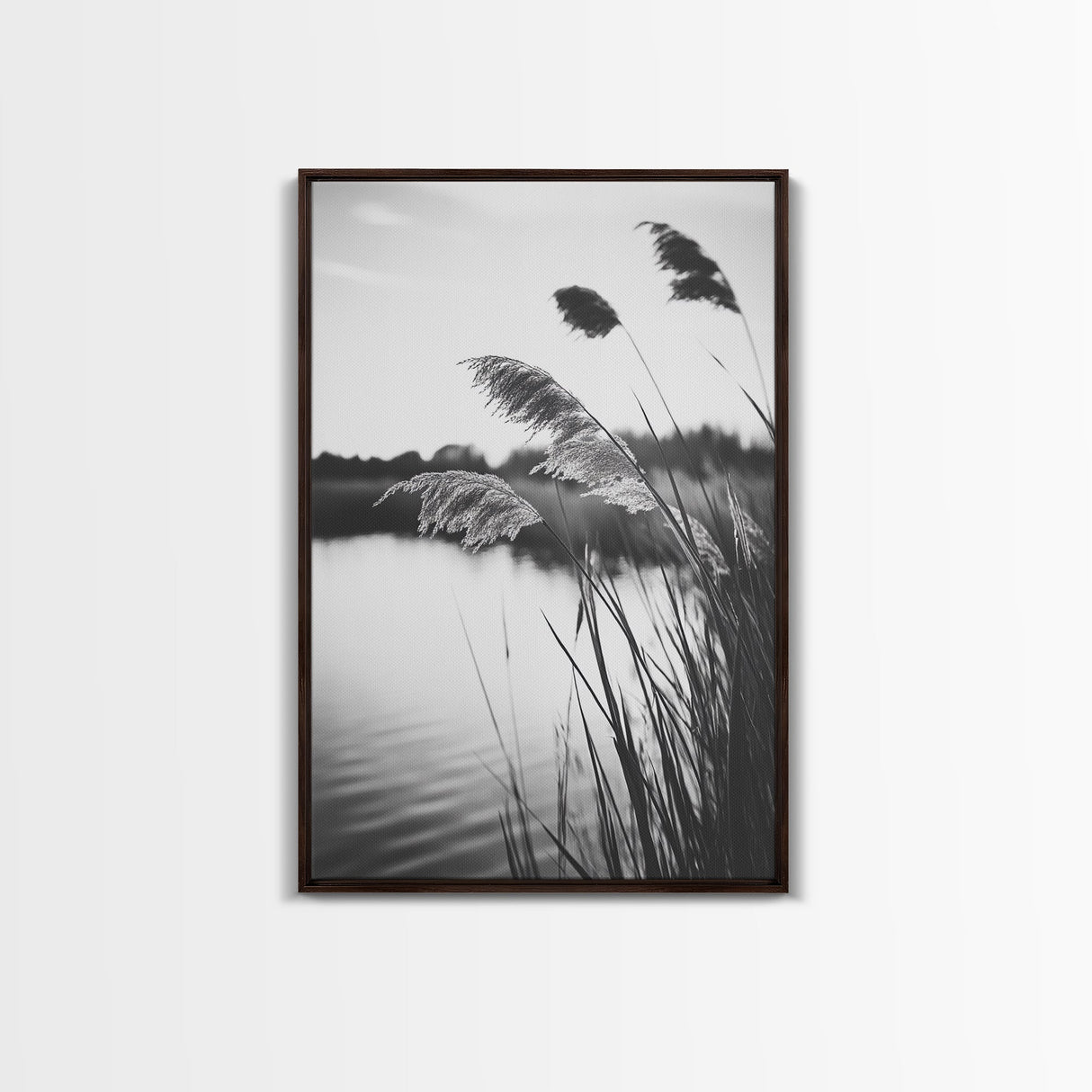 Reed Grass, Gentle Breeze, Black and White Nature, Canvas Print, Minimalist Wall Art, Tranquil Lake Scene, Bedroom Decor