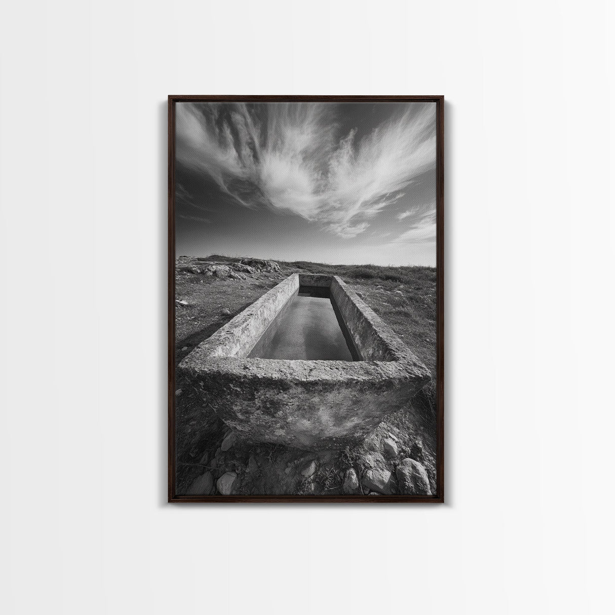 Stone Water Trough, Wild Horizon, Rustic Scene, Framed Canvas Print, Country Farm Decor, Outdoor Living Art, Neutral Wall Accent