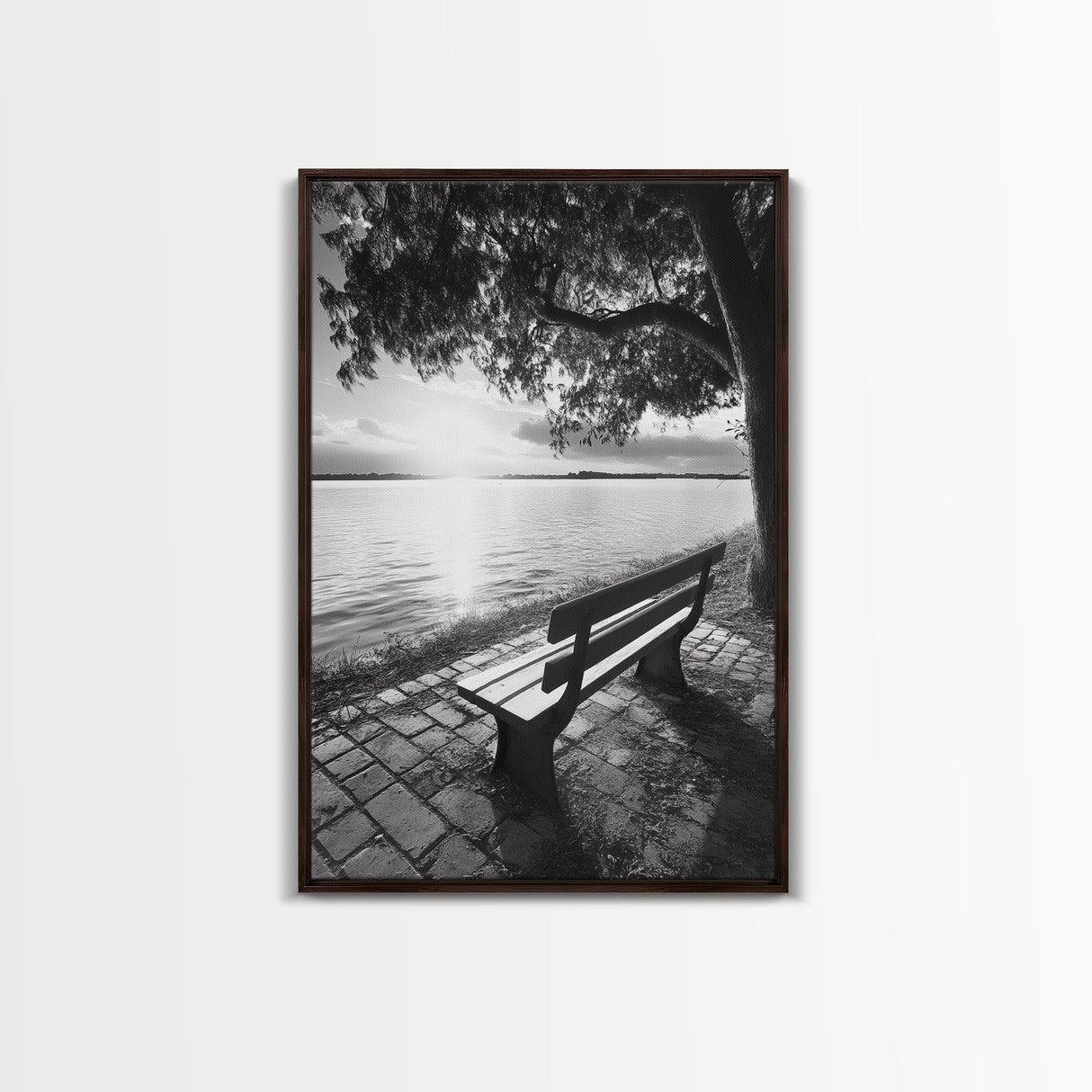 Peaceful Lake Bench, Tranquil Sunrise, Tree Shade View, Nature Serenity, Framed Canvas Print, Minimalist Art, Bedroom Wall Decor