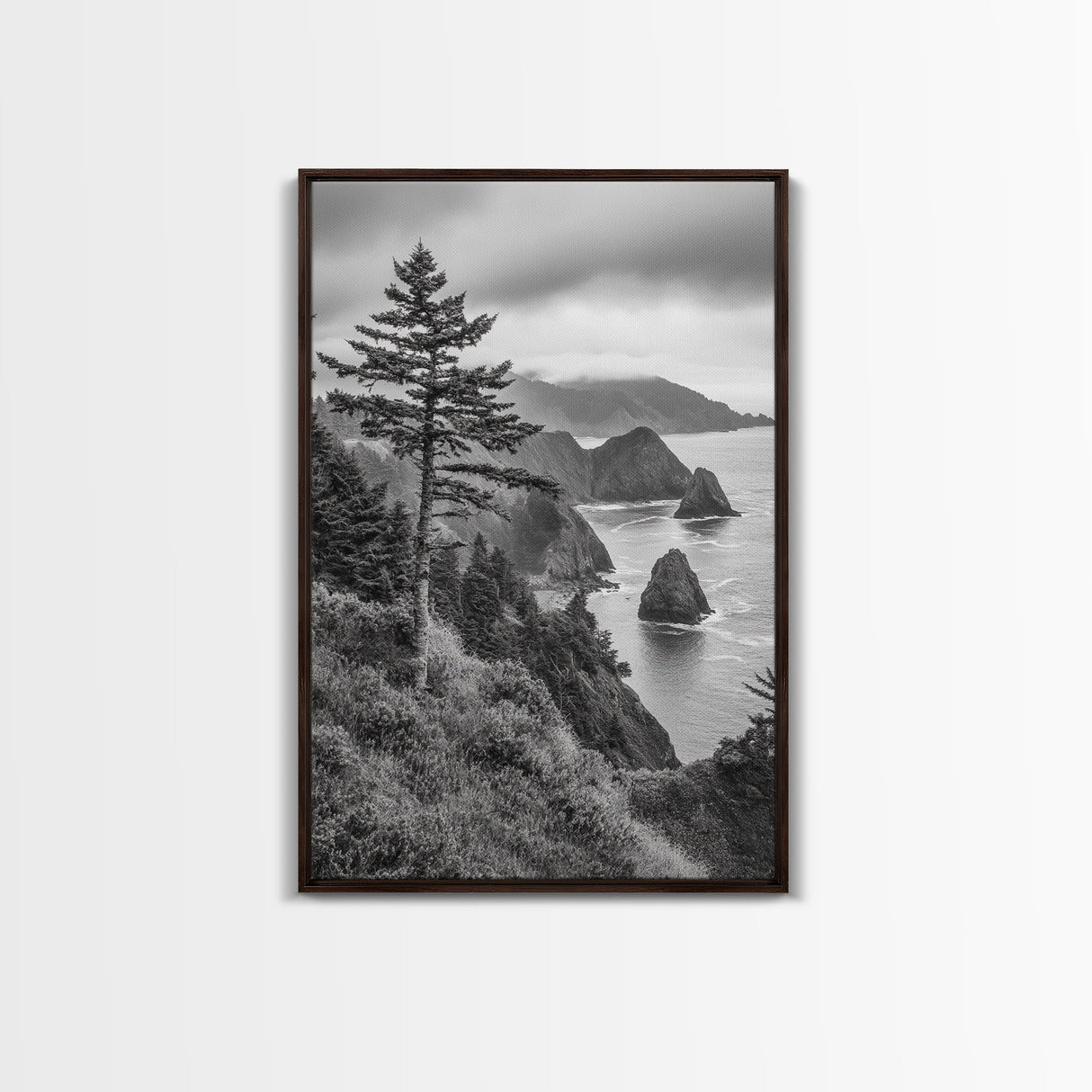 Oregon Coastline View, Misty Cliffs, Evergreen Forest, Coastal Vibes, Framed Canvas Print, Rustic Cabin Art, Living Room Wall Decor
