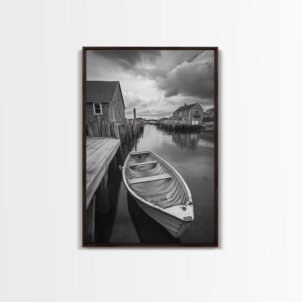 Docked Rowboat Scene, Calm Harbor, Coastal Village, Still Waters, Framed Canvas Print, Seaside Art, Beach House Wall Decor