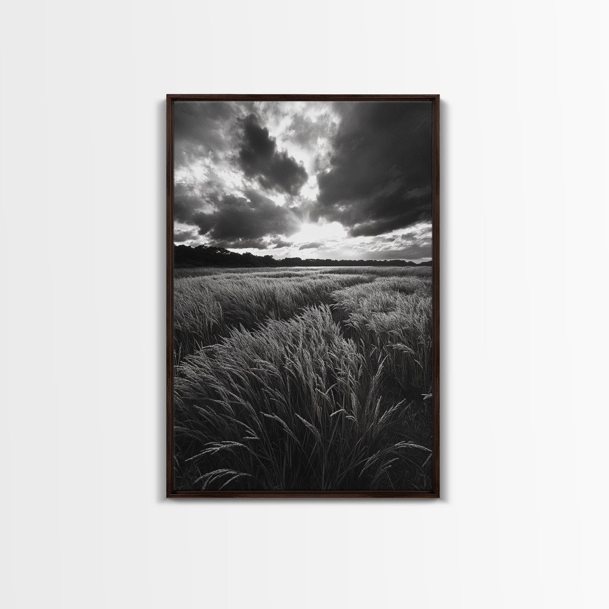 Golden Grass Field, Dramatic Sunset, Autumn Skies, Nature Movement, Framed Canvas Print, Fall Landscape Art, Living Room Decor