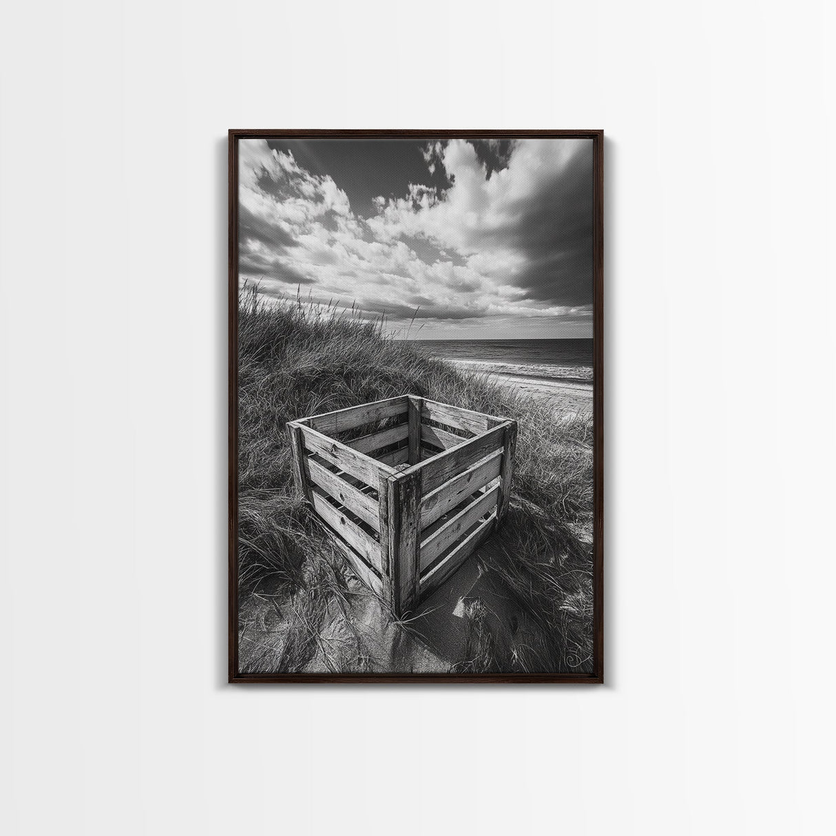 Weathered Crate, Ocean Dunes, Coastal Photography, Canvas Print, Beach House Wall Art, Minimalist Rustic Decor, Bathroom Wall Art