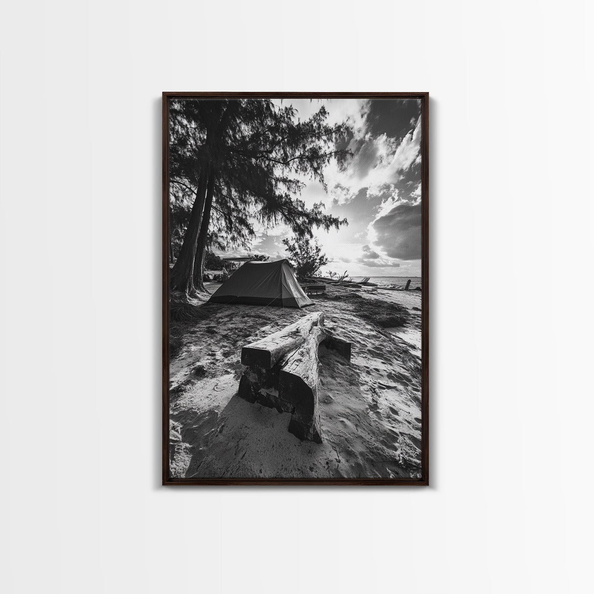 Tent, Beach, Sunset, Trees - Rustic camping coastal escape vibe, Framed Canvas Print, ideal bedroom or adventure nursery decor, outdoor art