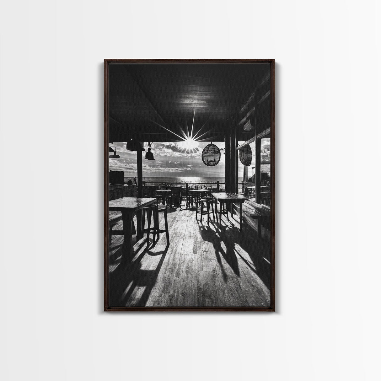 Ocean, Deck, Sunset, Rays - Golden hour beach bar shadows, Canvas Print, perfect dining room or kitchen wall art, rustic coastal decor