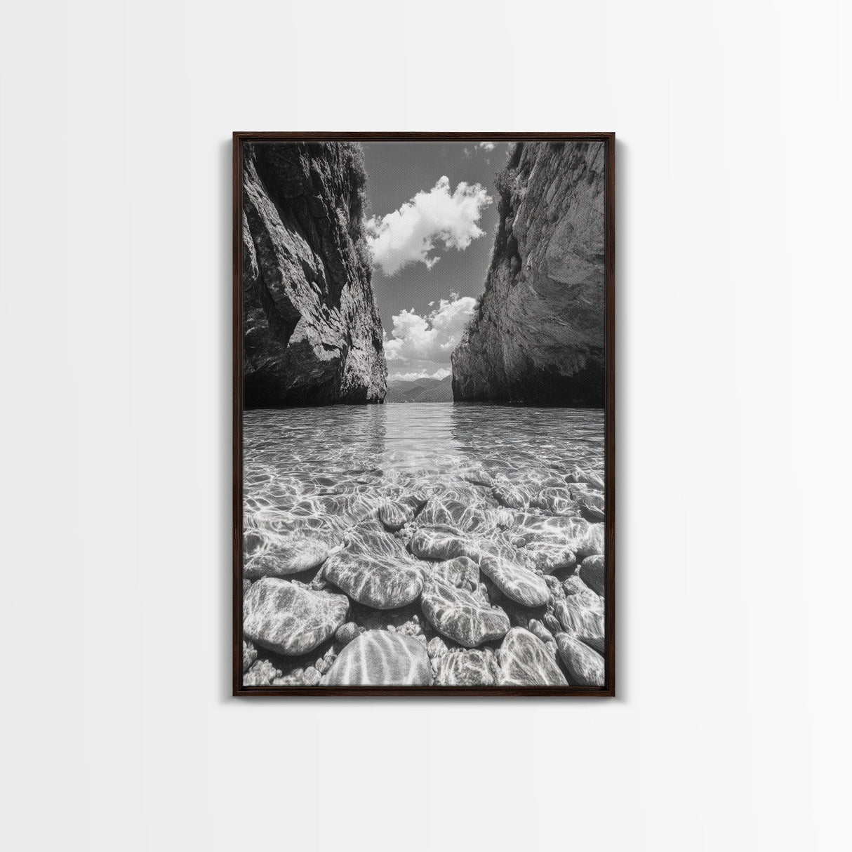 Clear Waterscape, Rocky Shoreline, Tropical Escape, Nature Photography, Framed Canvas Print, Beach House Coastal Wall Art