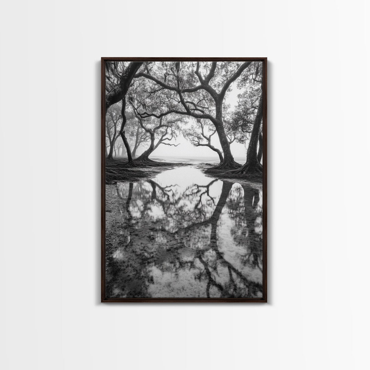 Misty Forest Trees, Reflection Photography, Nature Landscape, Canvas Print, Neutral Tones, Bedroom Wall Decor, Moody Autumn Forest Art