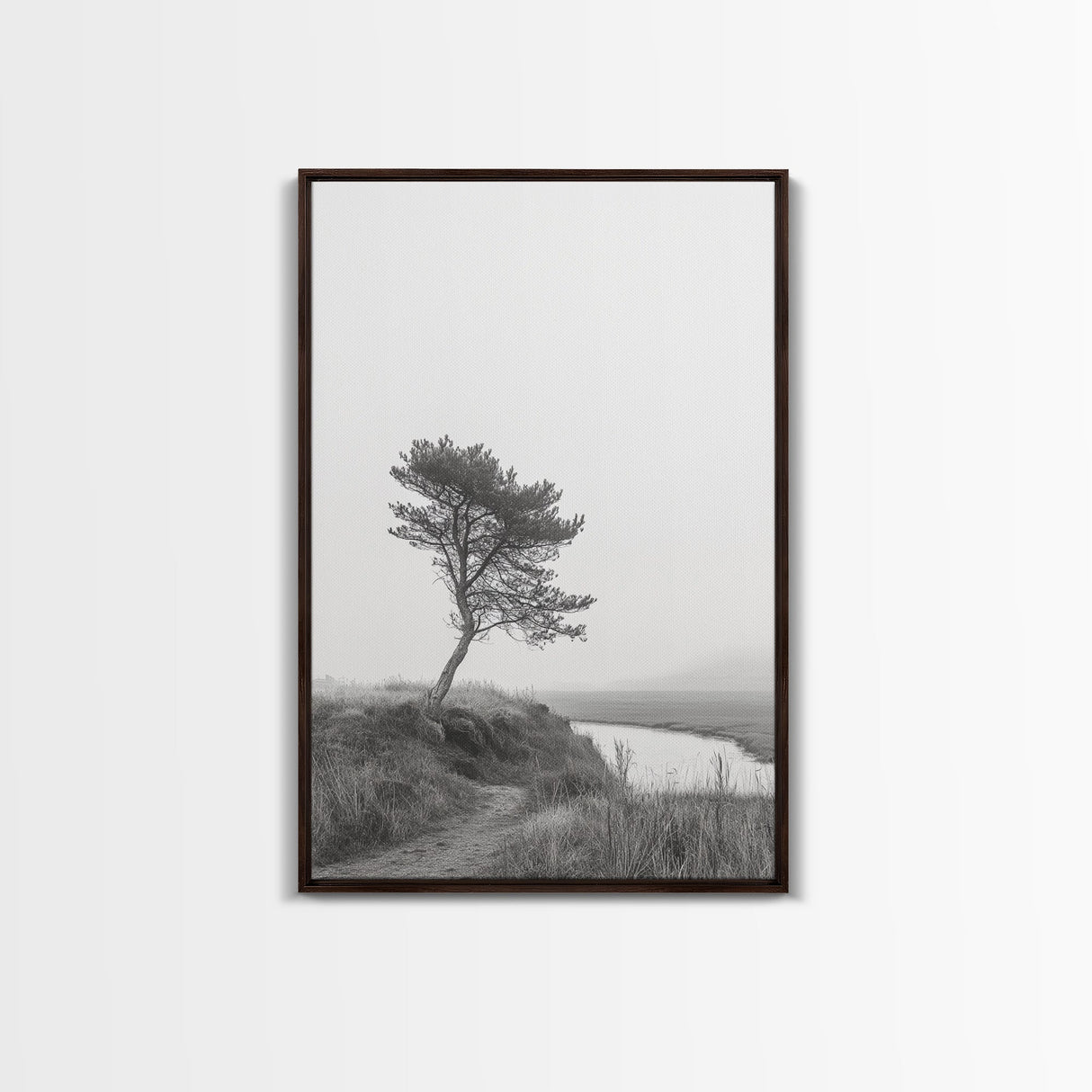 Leaning Tree Path, Soft Fog Scene, Calm Landscape, Canvas Print, Serene Entryway Wall Art, Nature Photography, Minimalist Decor