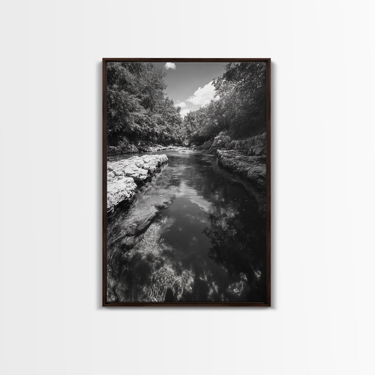 River Reflection, Nature Calm, Forest Stream, Canvas Print, Black and White Landscape Wall Art, Rustic Bathroom Decor, Tranquil Home Vibe