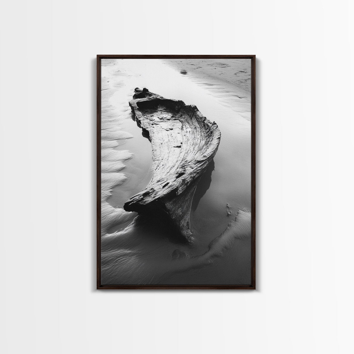 Driftwood Shore, Tidal Beauty, Washed Wood, Canvas Print, Coastal Beach Wall Art, Minimalist Bathroom Decor, Black and White Ocean Scene