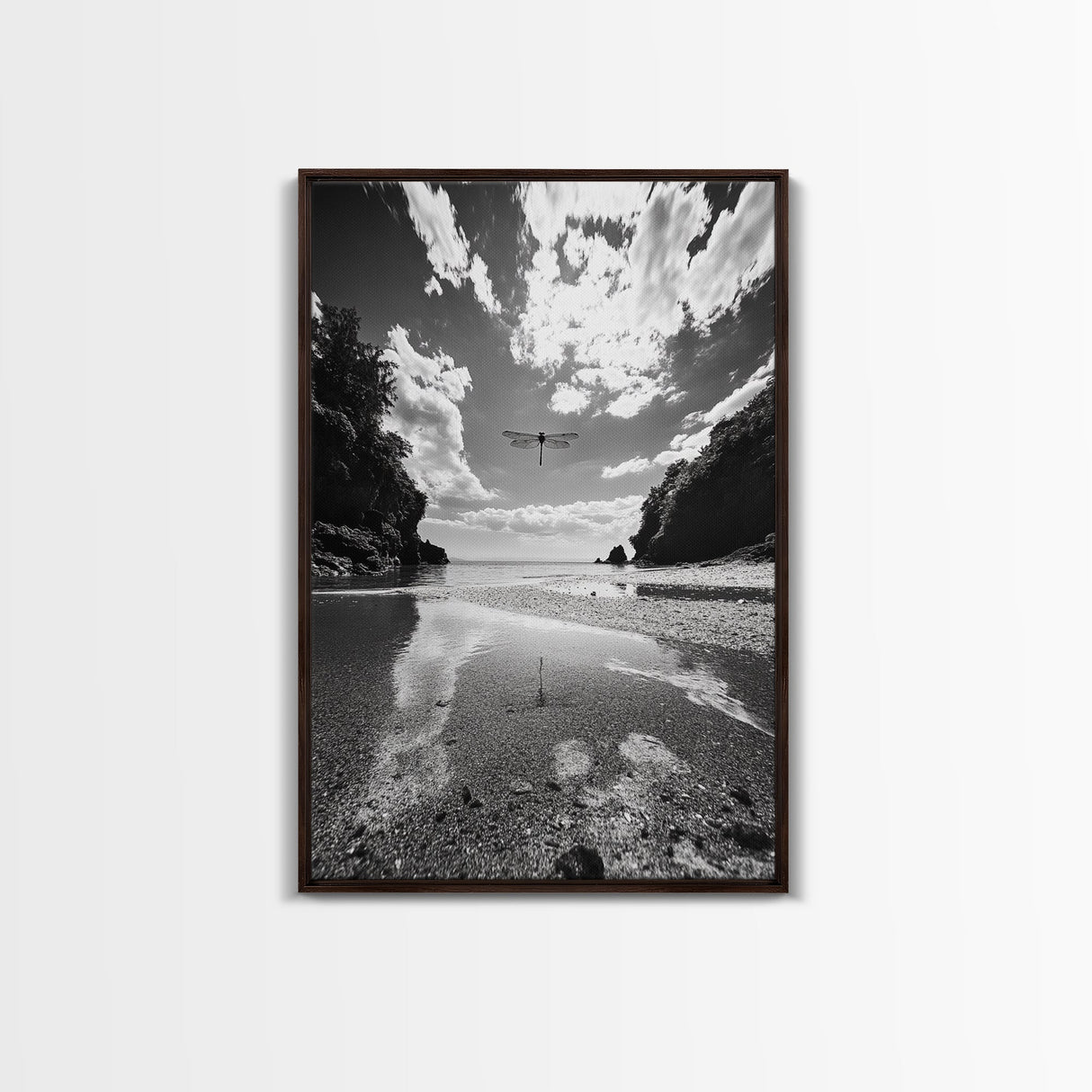 Dragonfly Flight, Beach View, Nature Dream, Framed Canvas Print, Whimsical Wall Art, Surreal Living Room Decor, Black and White Nature Style