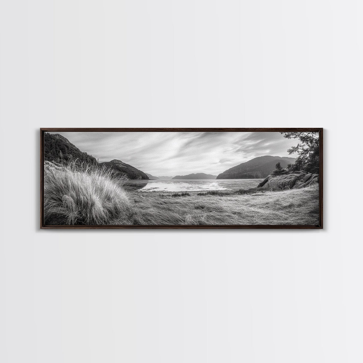 Mountain Lake Calm, Tranquil Nature Reflection, Forest Valley Art, Framed Canvas Print, Minimalist Wall Decor, Serene Landscape Print