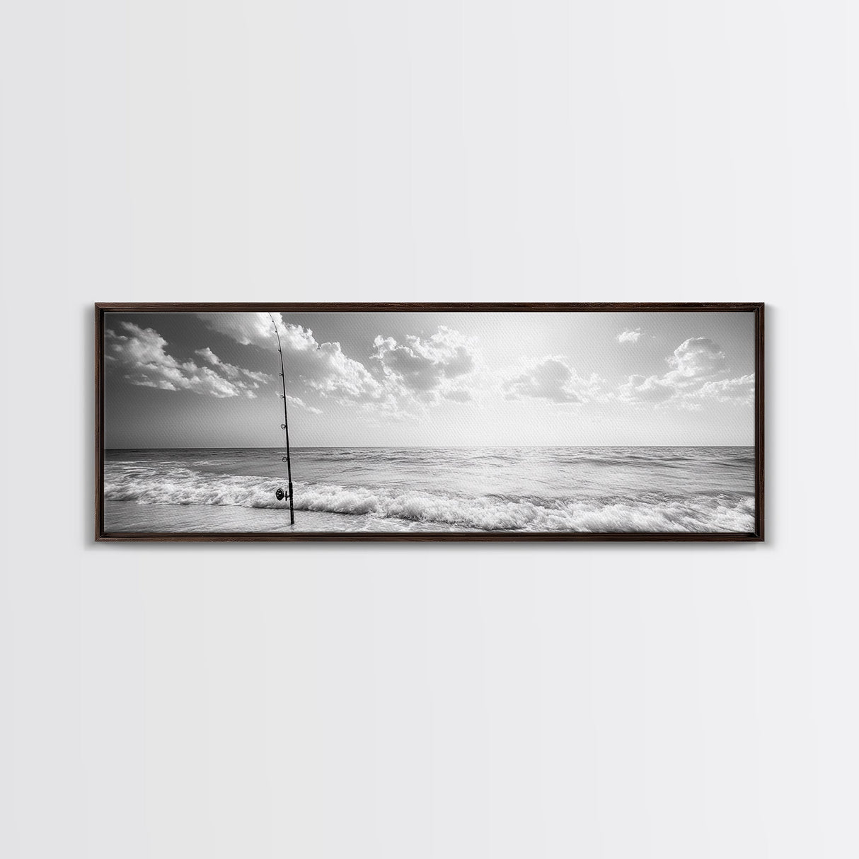Beach Fishing, Ocean Waves, Rod and Reel, Framed Canvas Print, Coastal Living Wall Art, Minimalist Nautical Decor, Beach House Aesthetic