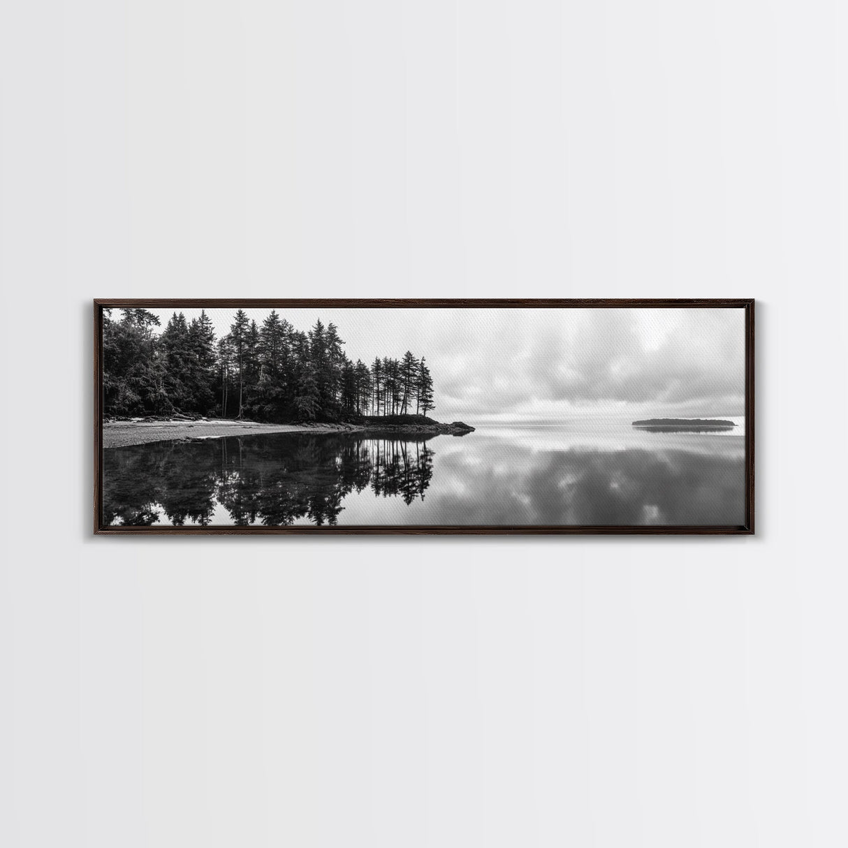 Reflected Pines, Quiet Lake, Forest Island, Calm Waters, Framed Canvas Print, Nature Photography, Minimal Wall Art, Office Decor
