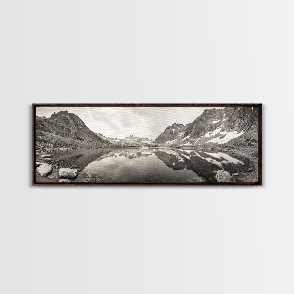 Alpine Reflection, Snowy Peaks, Tranquil Water, Framed Canvas Print, Nature Photography, Minimalist Wall Art, Bedroom or Office Decor