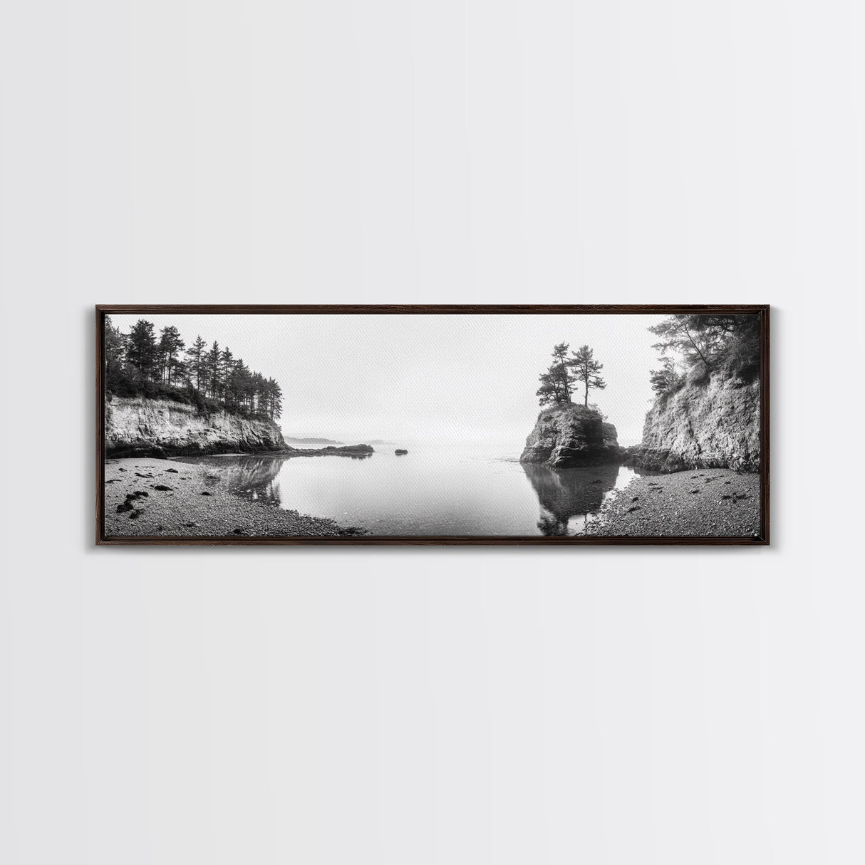 Forest Cove, Serene Shoreline, Calm Reflections, Canvas Print, peaceful nature wall art, neutral tones decor, minimalist bathroom artwork
