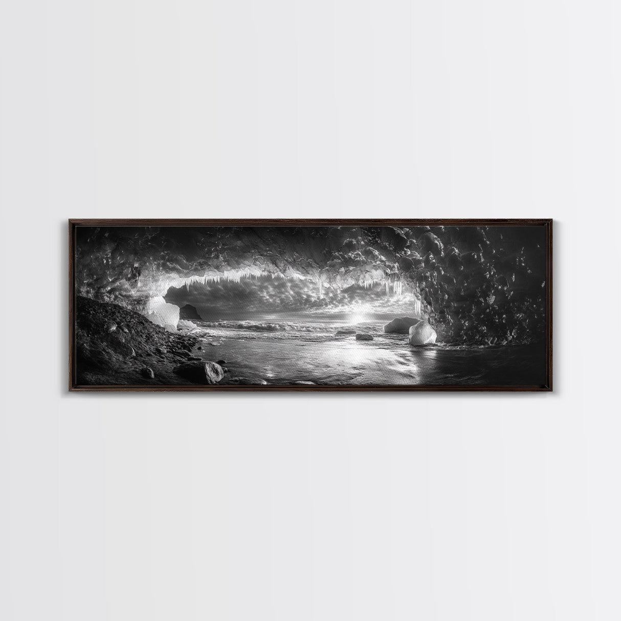 Ice Cave, Winter Seascape, Arctic Sunset, Canvas Print, dramatic frozen landscape art, black and white Christmas decor, cozy winter home art
