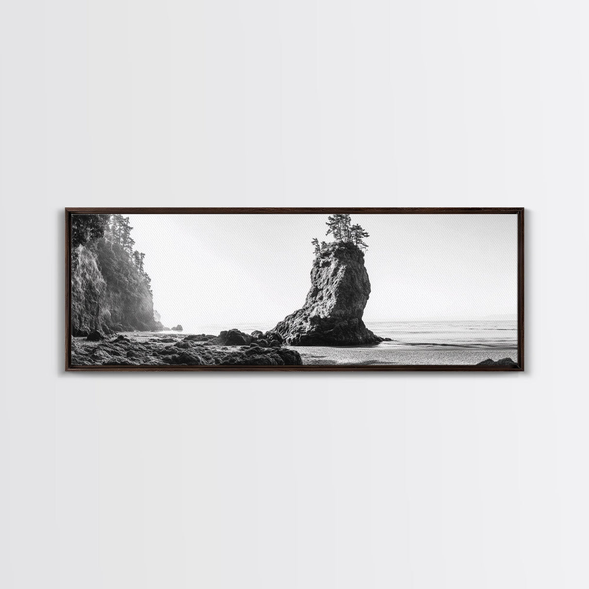 Sea Stack, Rugged Coast, Ocean Cliffside, Framed Canvas Print, Coastal landscape, Nature photography, Office wall art, Monochrome design
