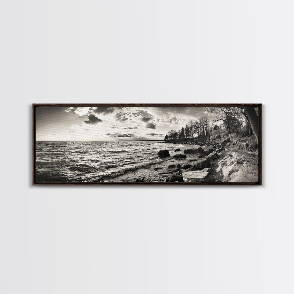 Coastal Shoreline, Autumn Landscape, Nature Photography, Framed Canvas Print, Rustic Decor, Lake House Art, Fall Wall Art, Neutral Tones