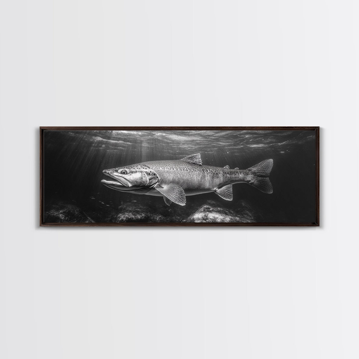 Underwater Fish, Lake Trout, Black and White Ocean, Framed Canvas Print, Coastal Bathroom Art, Fisherman Gift, Nautical Wall Decor