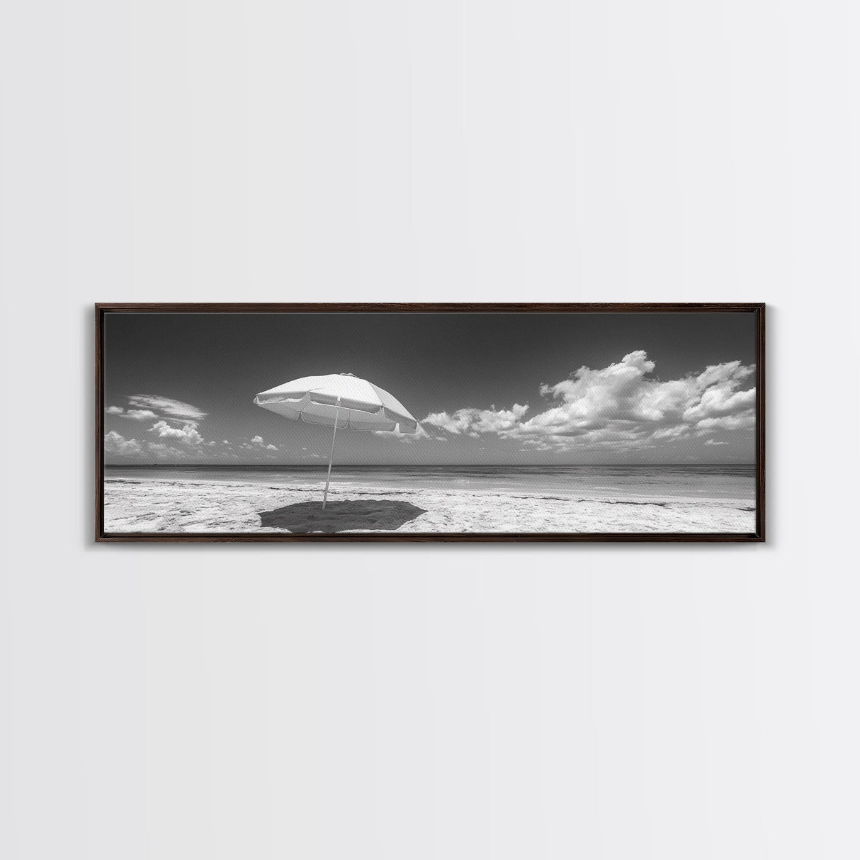 Beach Umbrella, Sunny Sky, Ocean Escape, Seaside Shade, Framed Canvas Print, Summer Wall Art, Bathroom Decor, Minimalist Coastal Style
