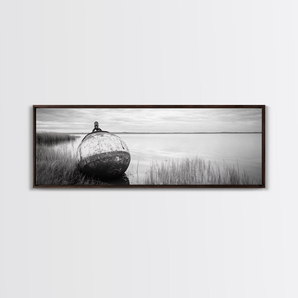 Coastal Buoy, Still Waters, Nautical Calm, Framed Canvas Print, Lakeside Bathroom Art, Maritime Style, Rustic Ocean Decor