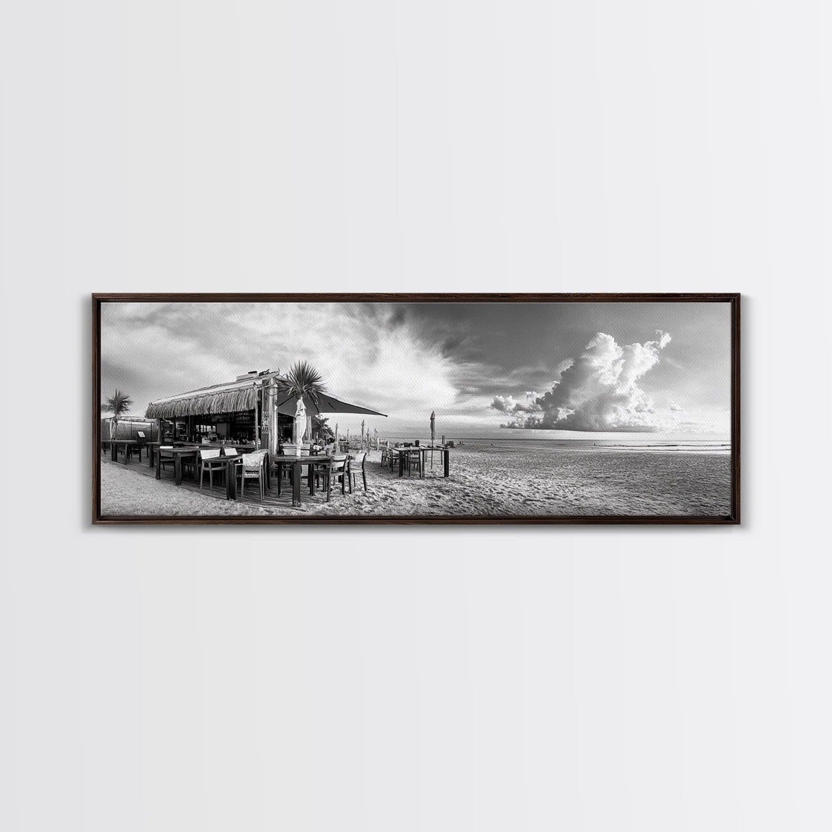 Seaside Bar, Beach Café, Oceanfront Dining, Cloudy Sky, Framed Canvas Print, Kitchen Wall Art, Black and White Tropical Art, Travel Decor