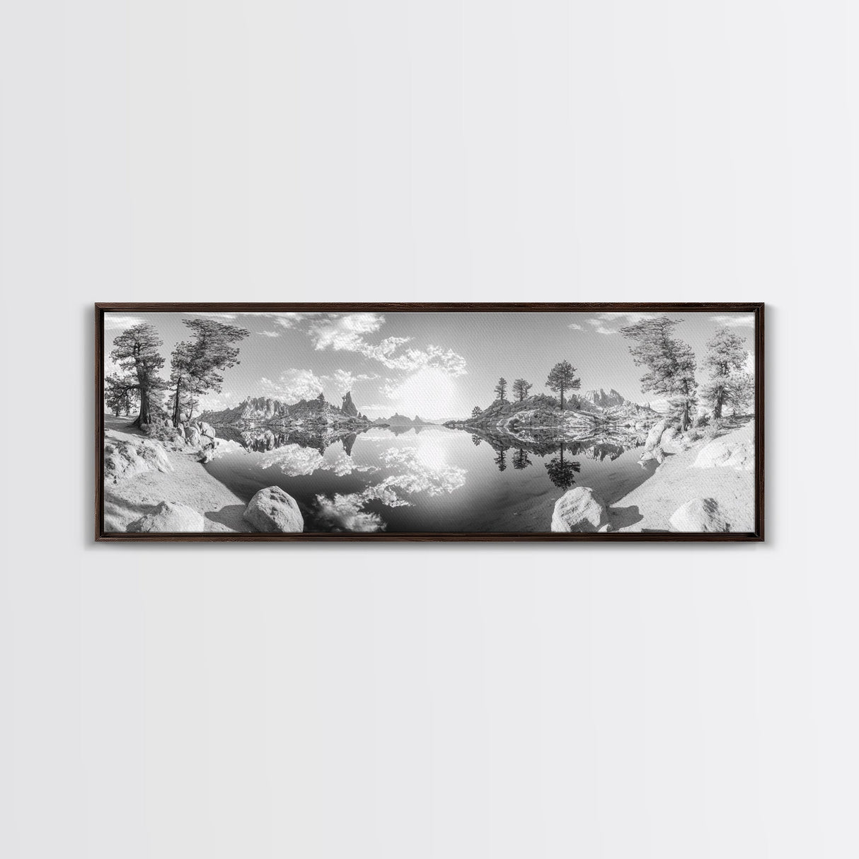 Mountain Reflections, Nature Panorama, Black and White Landscape, Framed Canvas Print, Living Room Wall Art, Modern Wilderness Decor