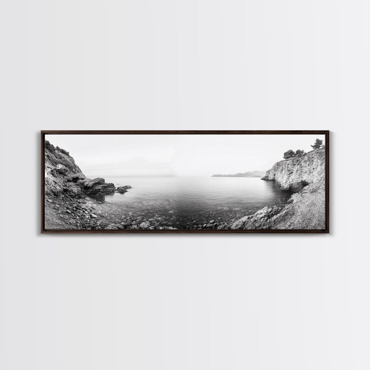 Rocky Coastline, Minimalist Seascape, Black and White Shoreline, Framed Canvas Print, Coastal Wall Art, Bathroom or Hallway Decor