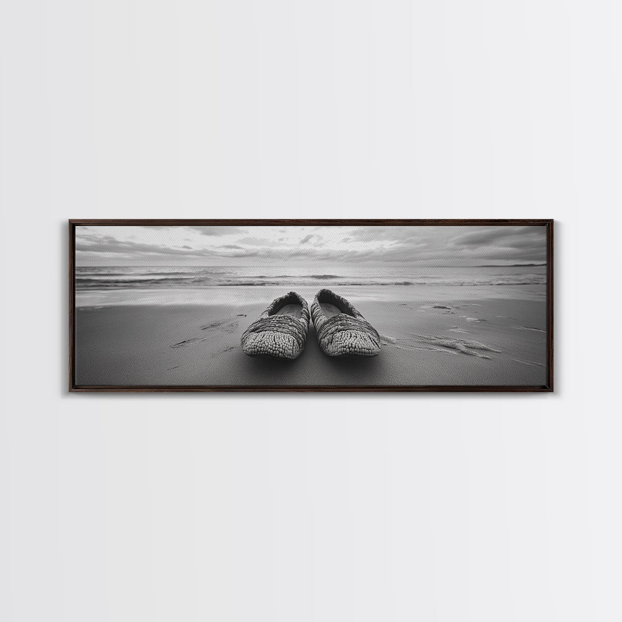 Woven Shoes, Coastal Walk, Ocean Breeze, Boho Style, Framed Canvas Print, Entryway Wall Art, Minimalist Beach Art, Seashore Photography