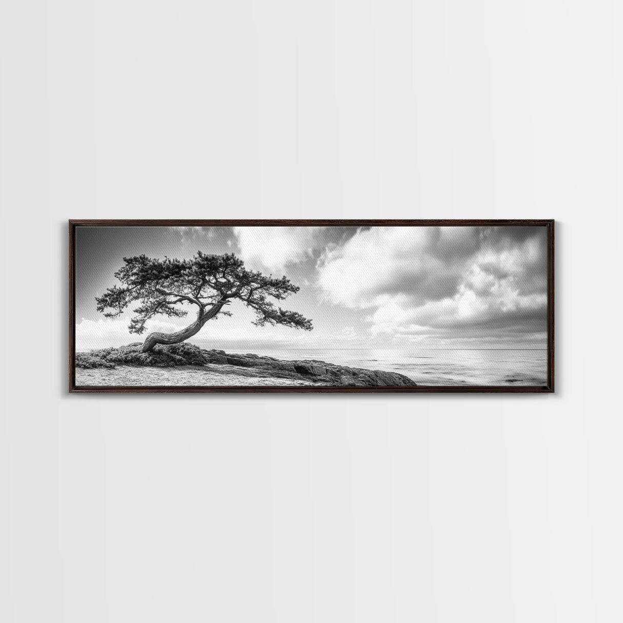 Windswept Tree, Coastal Nature, Ocean Cliff View, Framed Canvas Print, Zen Wall Art, Minimalist Decor, Calm Living Room Accent