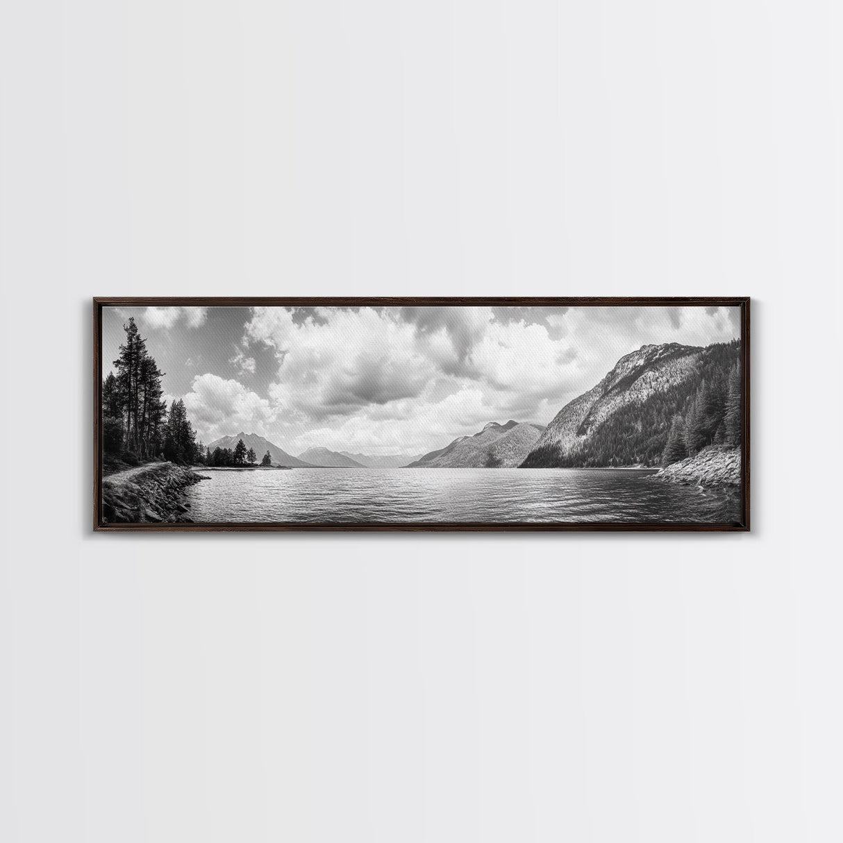 Mountain Lake, Forest Panorama, Serene Wilderness, Framed Canvas Print, Nature Lover Wall Art, Rustic Lodge Decor, Neutral Palette