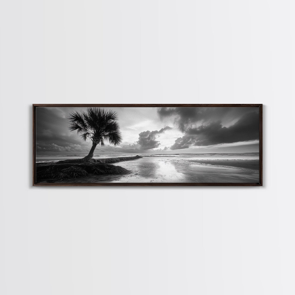 Solitary Palm Tree, Ocean Storm, Moody Landscape, Beach Wall Decor, Framed Canvas Print, Coastal Living Room Art, Monochrome Photography