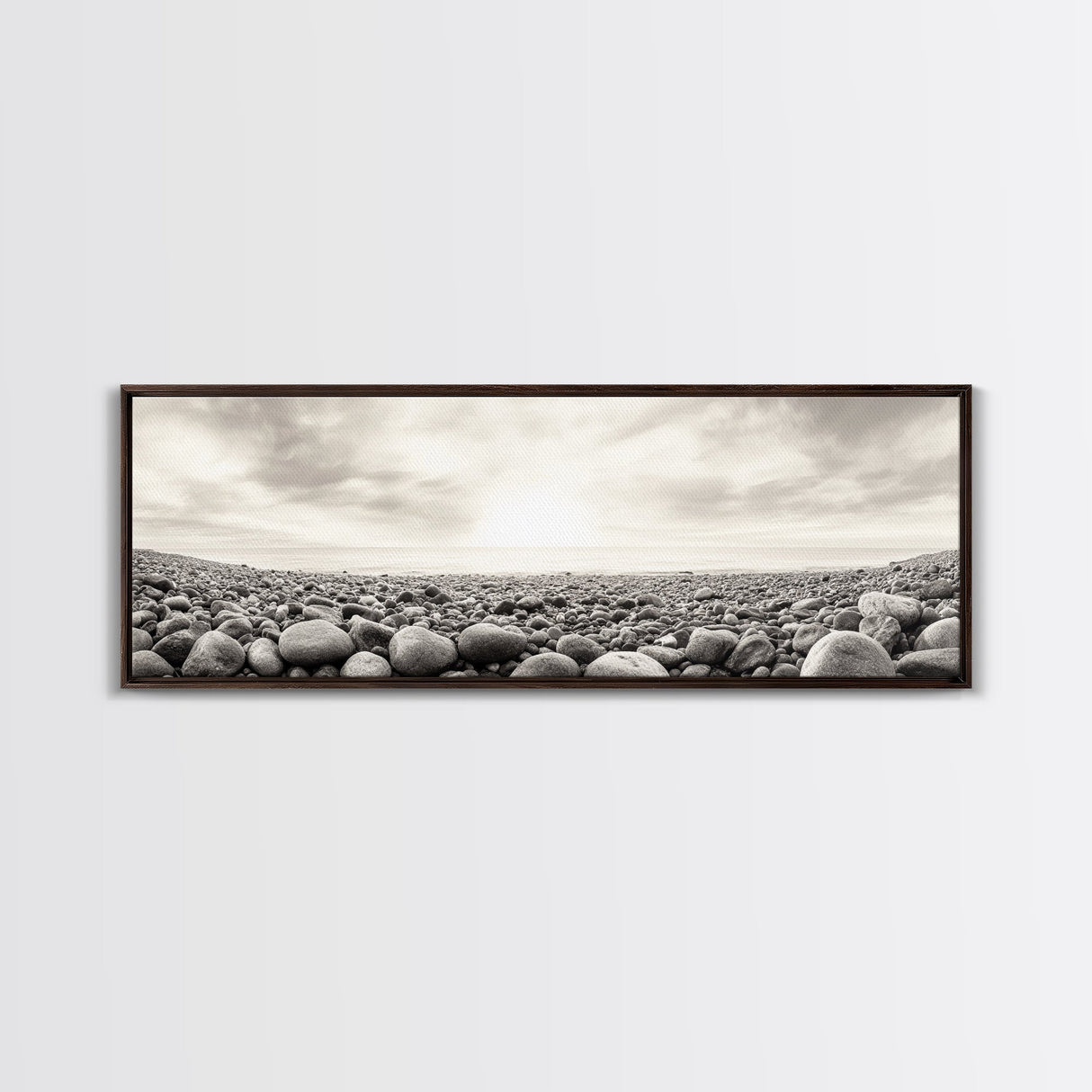 Pebble Shoreline, Soft Horizon, Beach Sunrise, Calm Coastal Decor, Framed Canvas Print, Neutral Tones, Bedroom Wall Art, Nature Minimalism