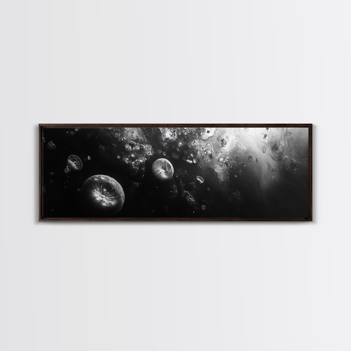 Jellyfish Dreams, Ocean Depths, Abstract Motion, Canvas Print, Coastal Bathroom Art, Nautical Theme, Moody Black and White Sea Life