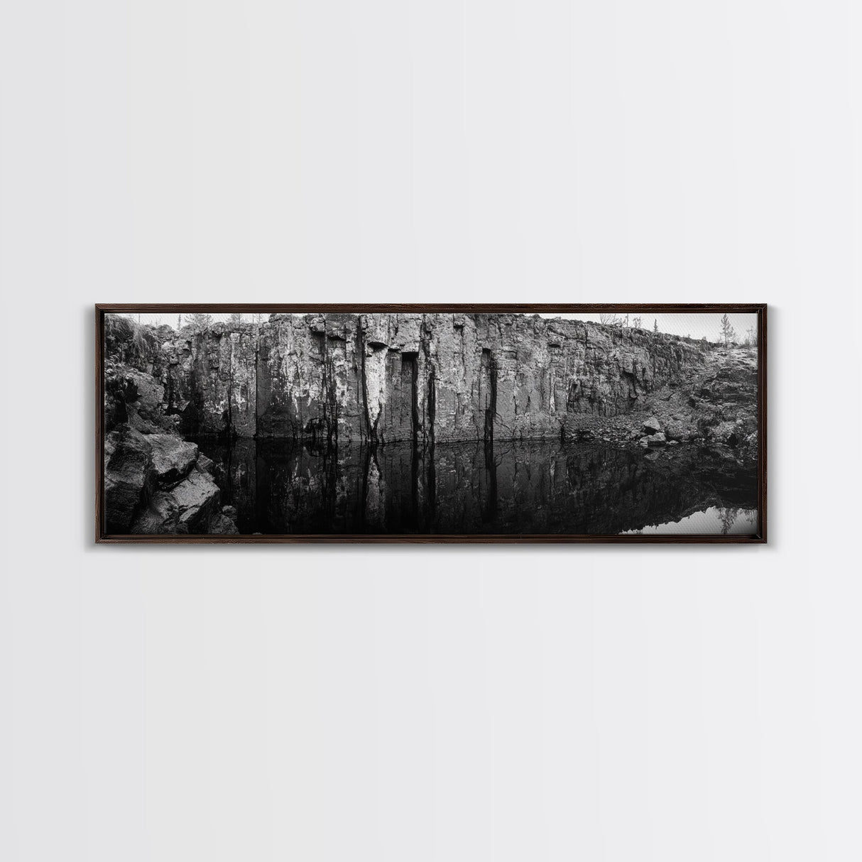 Quarry Wall, Rocky Cliff, Natural Reflection, Still Water, Framed Canvas Print, Industrial Wall Art, Man Cave Decor, Rustic Landscape Art