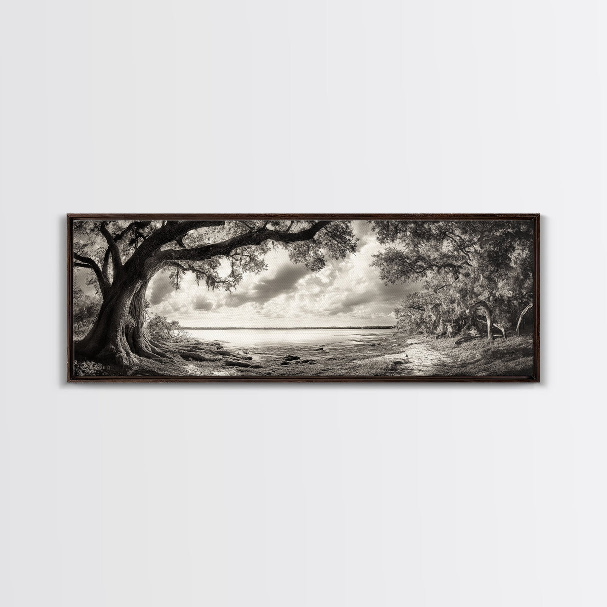 Ancient Tree, Spanish Moss, Forest Path, Framed Canvas Print, Rustic Nature Art, Living Room Wall Art, Earthy Tones, Woodland Photography