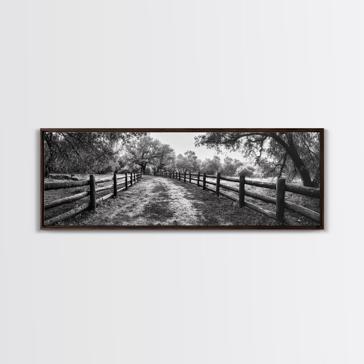 Tree Tunnel, Country Path, Fence Shadows, Framed Canvas Print, Black and White Nature Art, Rustic Wall Art, Autumn Entryway Decor