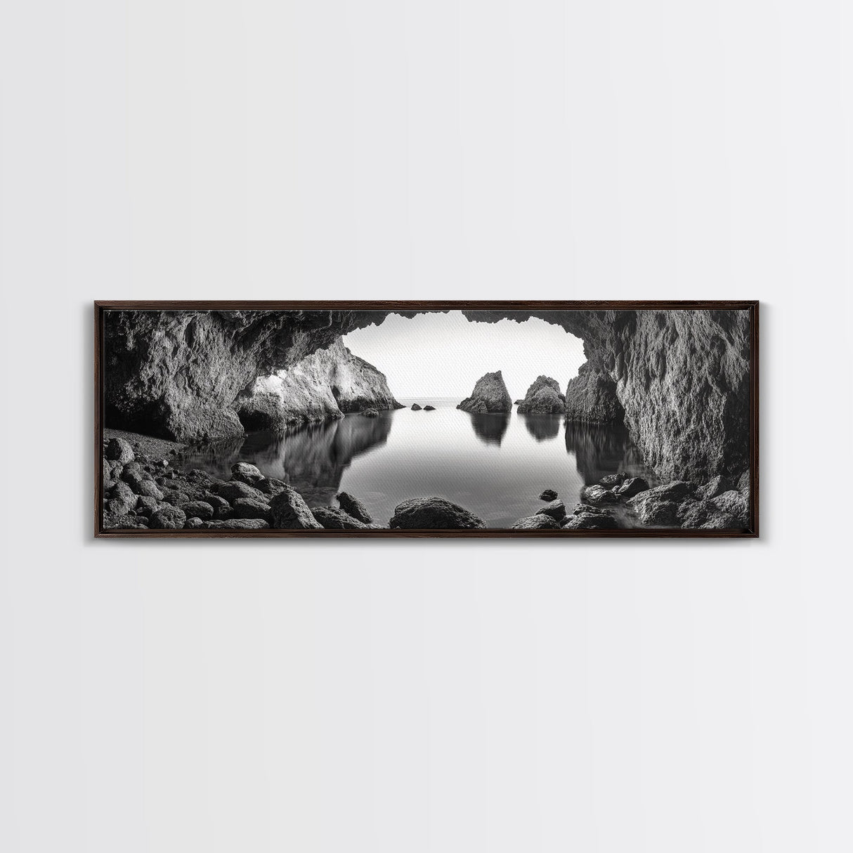 Sea Cave View, Ocean Reflections, Nature Escape, Framed Canvas Print, Beach House Wall Art, Zen Decor, Black and White Coastal Style