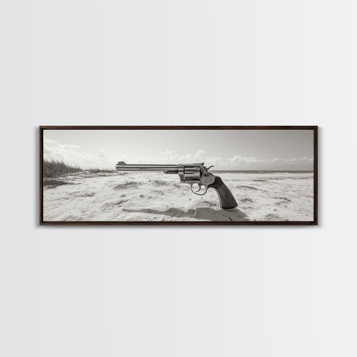 Revolver On Beach, Western Vibes, Americana Style, Framed Canvas Print, Man Cave Wall Art, Bold Statement Decor, Coastal Contrast