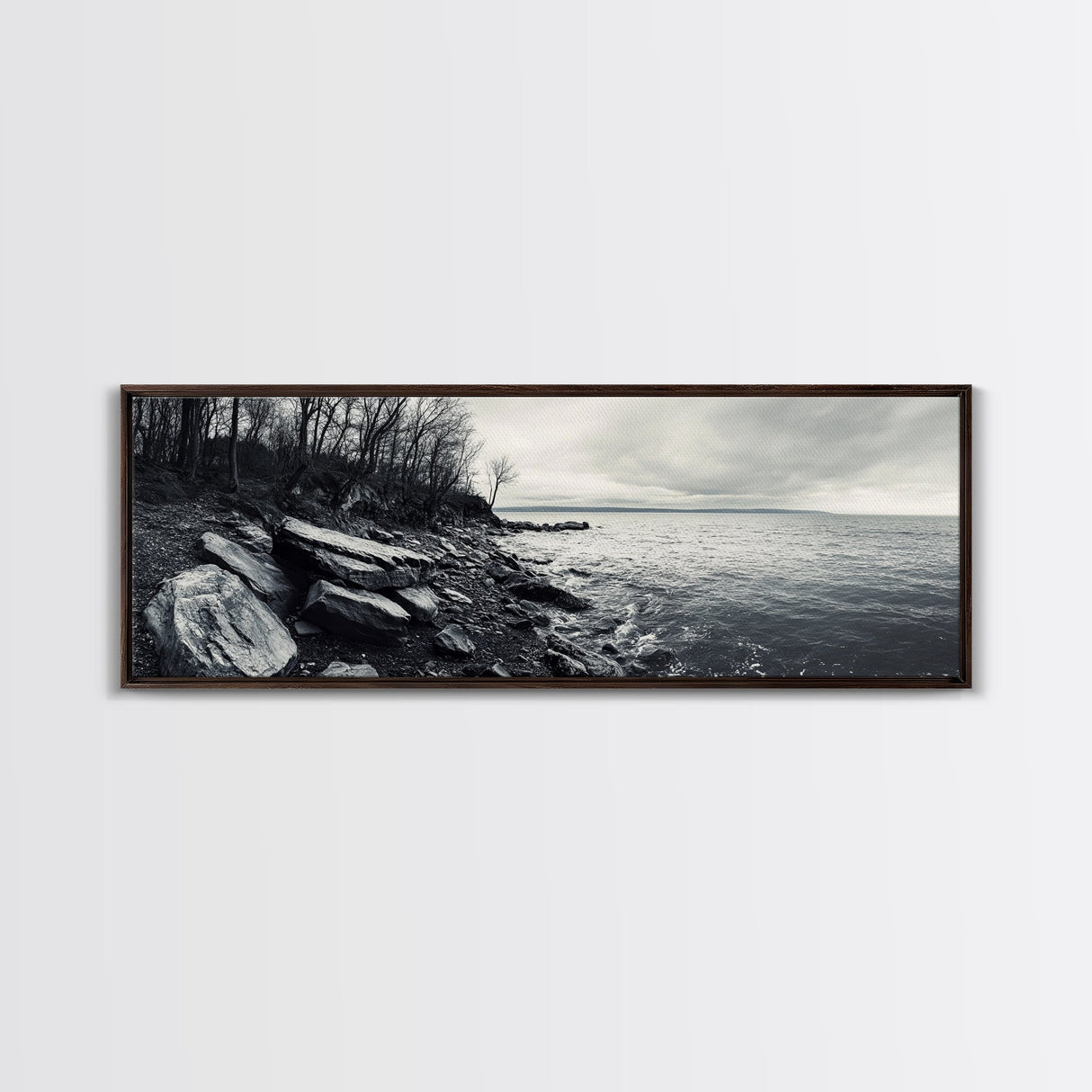 Misty Coast, Rocky Shore, Moody Seascape, Framed Canvas Print, Coastal Wall Art, Nature Photography, Rustic Bedroom Decor, Cabin Style