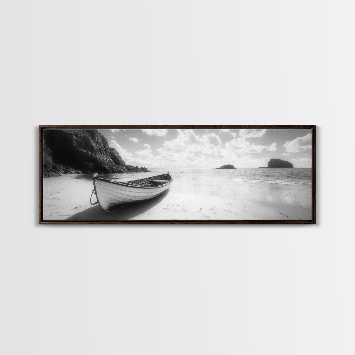 Rowboat, Sandy Cove, Island View, Canvas Print, Coastal Photography, Minimalist Beach Decor, Serene Bathroom or Bedroom Wall Art