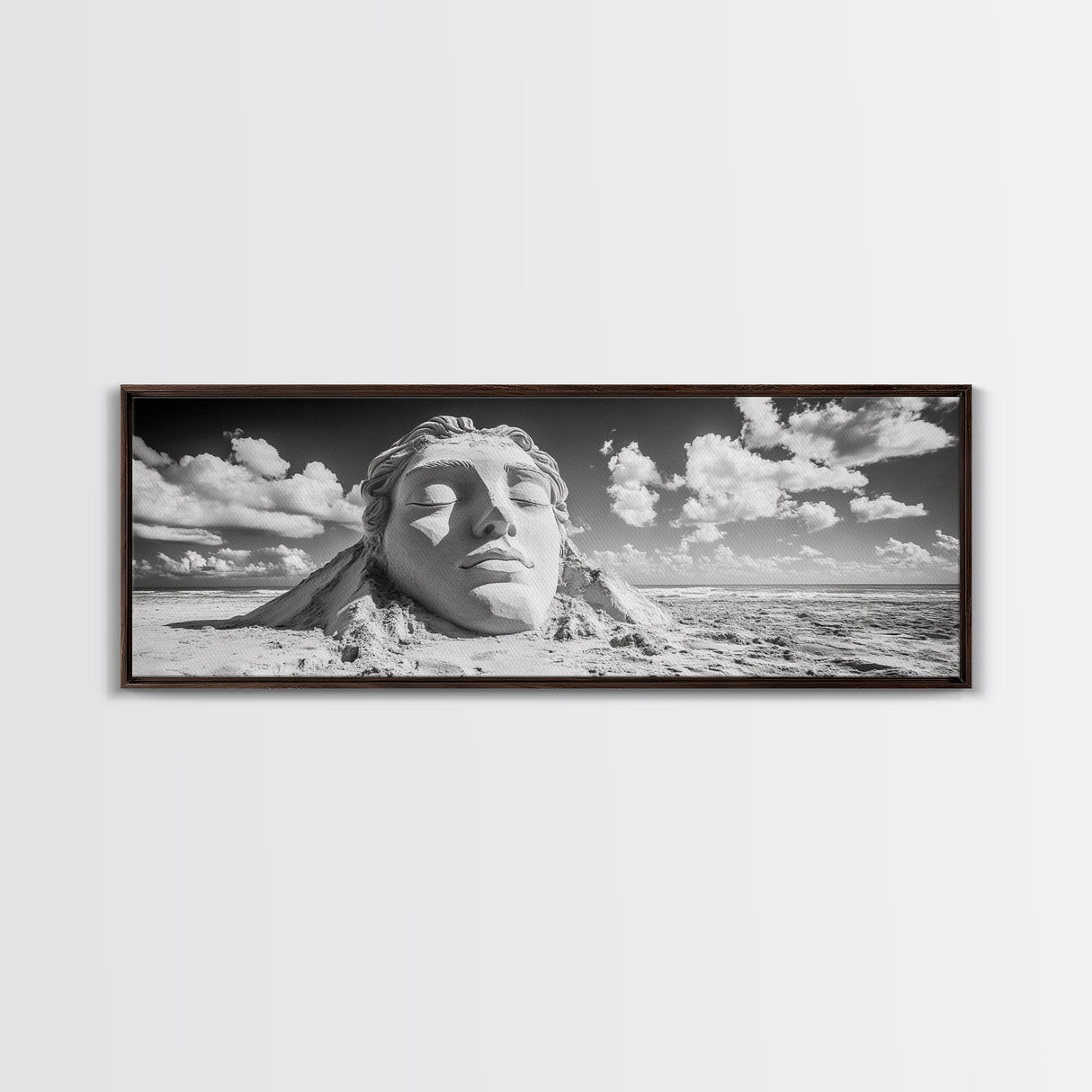 Sand Sculpture Head, Beach Goddess, Coastal Calm, Surreal Beauty, Framed Canvas Print, Modern Wall Art, Living Room Decor, Minimalist Art