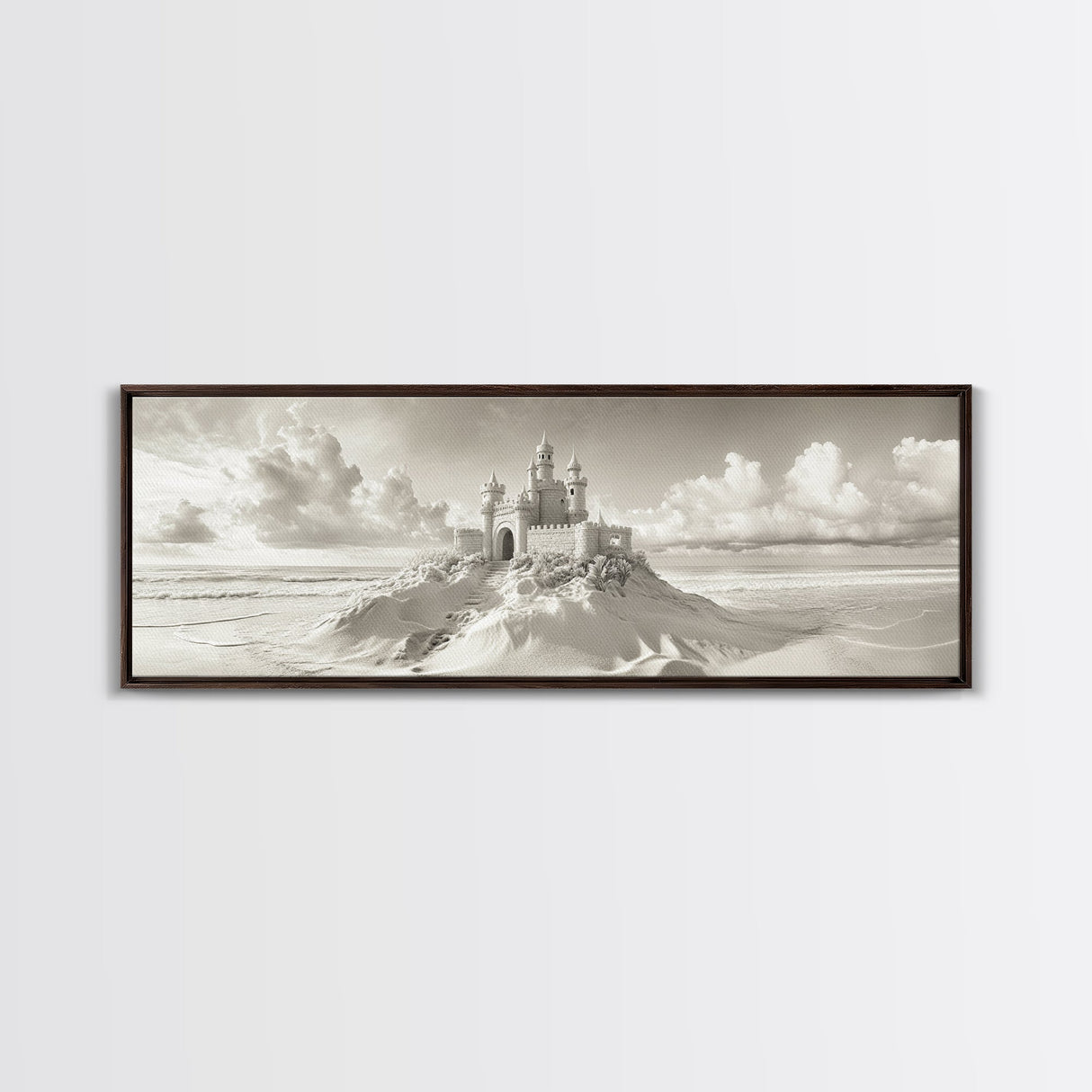 Fantasy Sand Castle, Seaside Kingdom, Dreamy Beach Scene, Magical Vibes, Framed Canvas Print, Kids Room Art, Whimsical Decor, Coastal Theme
