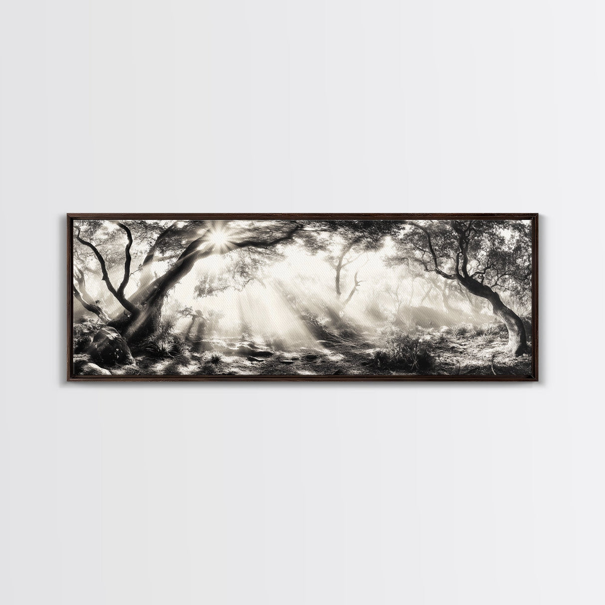 Enchanted Forest, Sunlight Rays, Dreamy Woodland, Framed Canvas Print, boho nature decor, spiritual wall art, bedroom forest scene